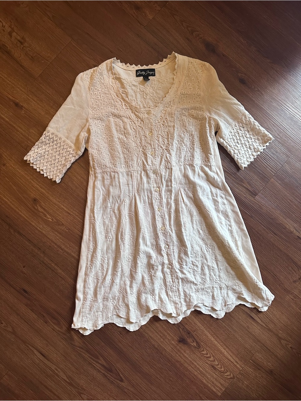 Boho Cream Floral Embroidered Button-Front Midi Dress